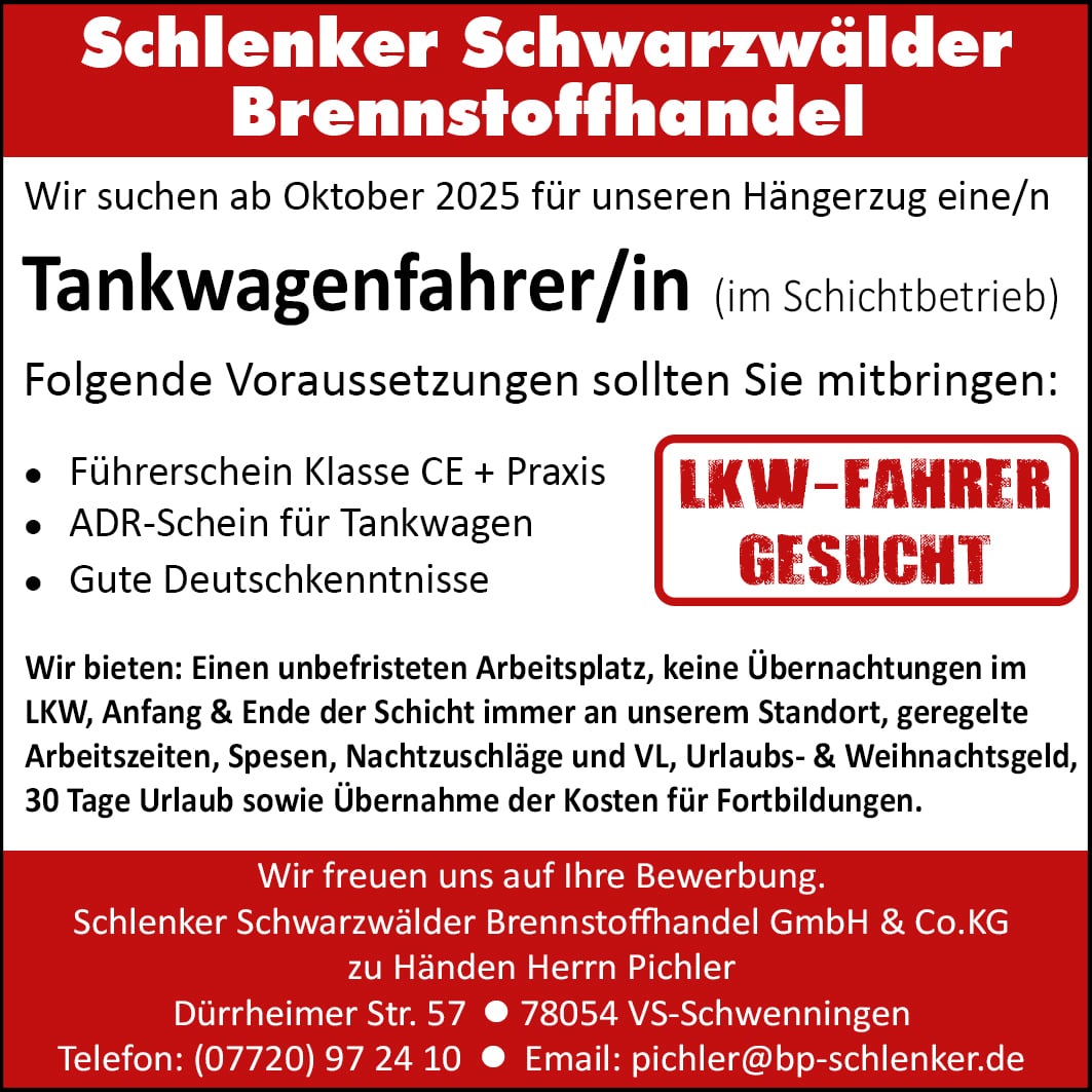 Stellenanzeige Tankwagenfahrer